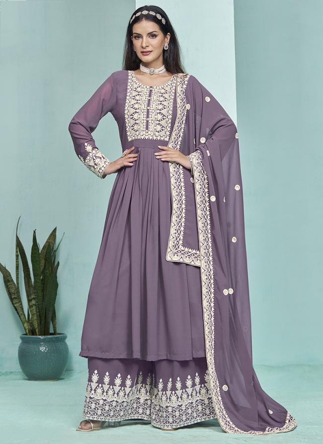 Faux Georgette Lilac Wedding Wear Embroidery Work Plazzo Suit